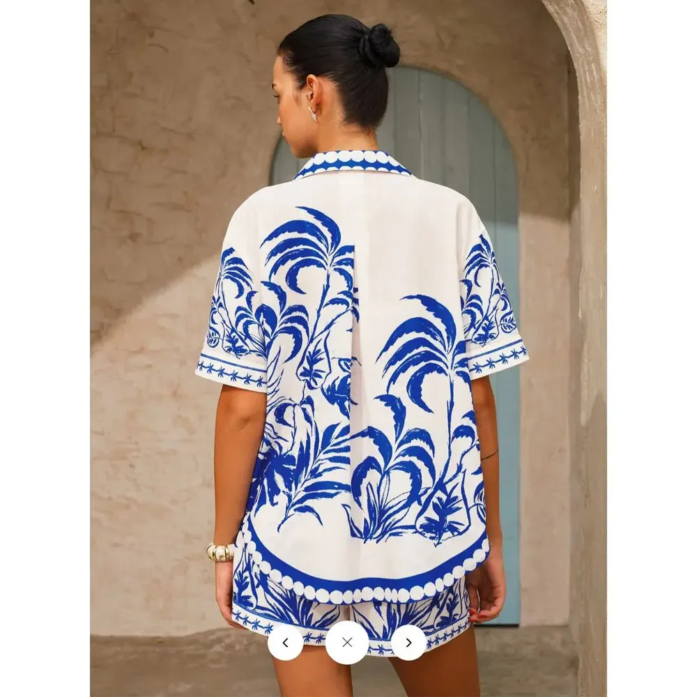 NWT Commense Palm Tree Print Shirt & Drawstring Shorts Set Sz S